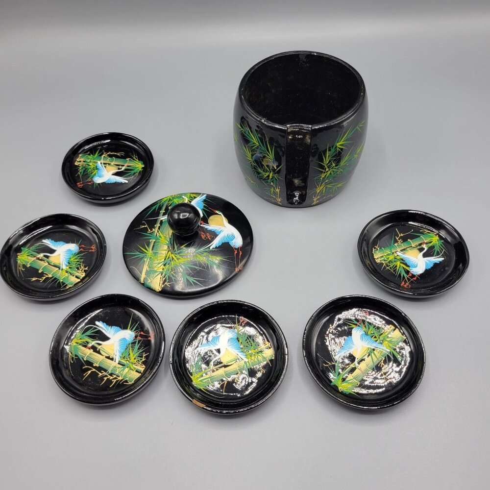Vintage Asian Crane Bird and Bamboo Pattern Lacquered Coasters Set with Base